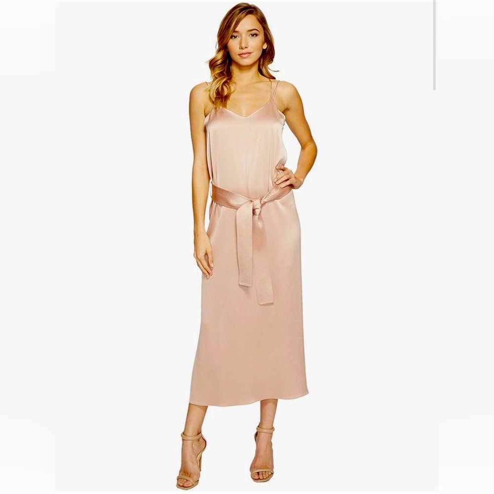 Halston Heritage Blush Satin Midi Dress | Slip Dress w/ Tie Waist NWT